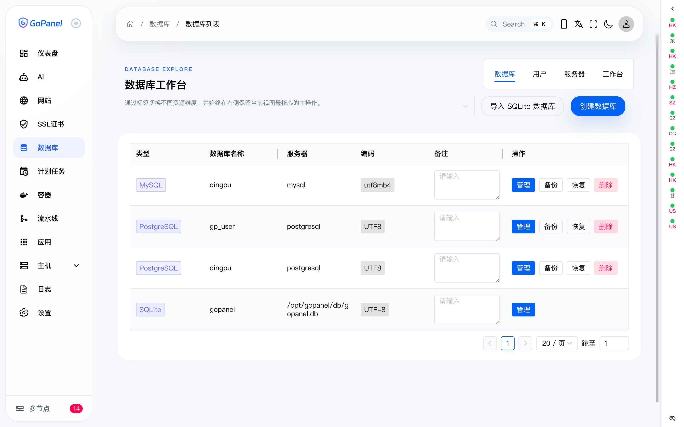 GoPanel 数据库列表